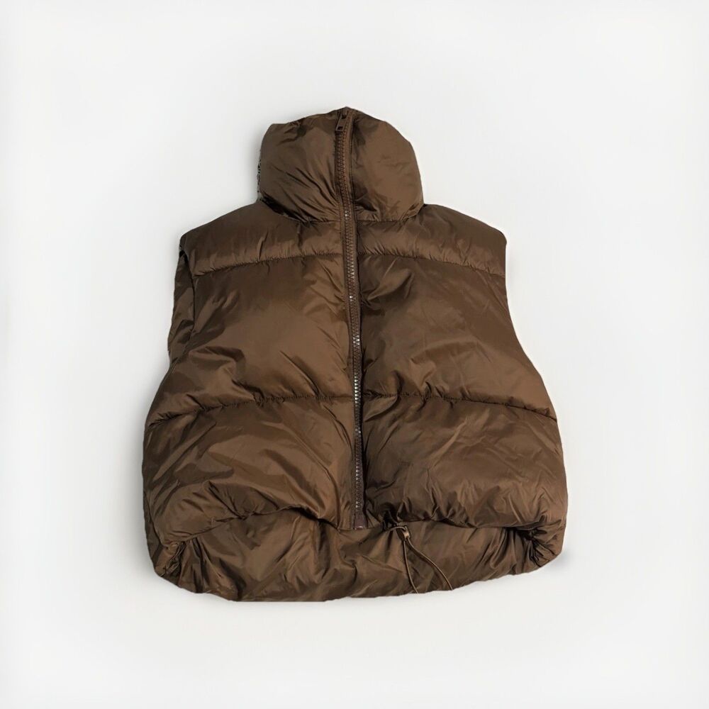 Womens Brown Cropped Puffer Jacket Size 8 Oversized Bubble Coat Winter Zip Up